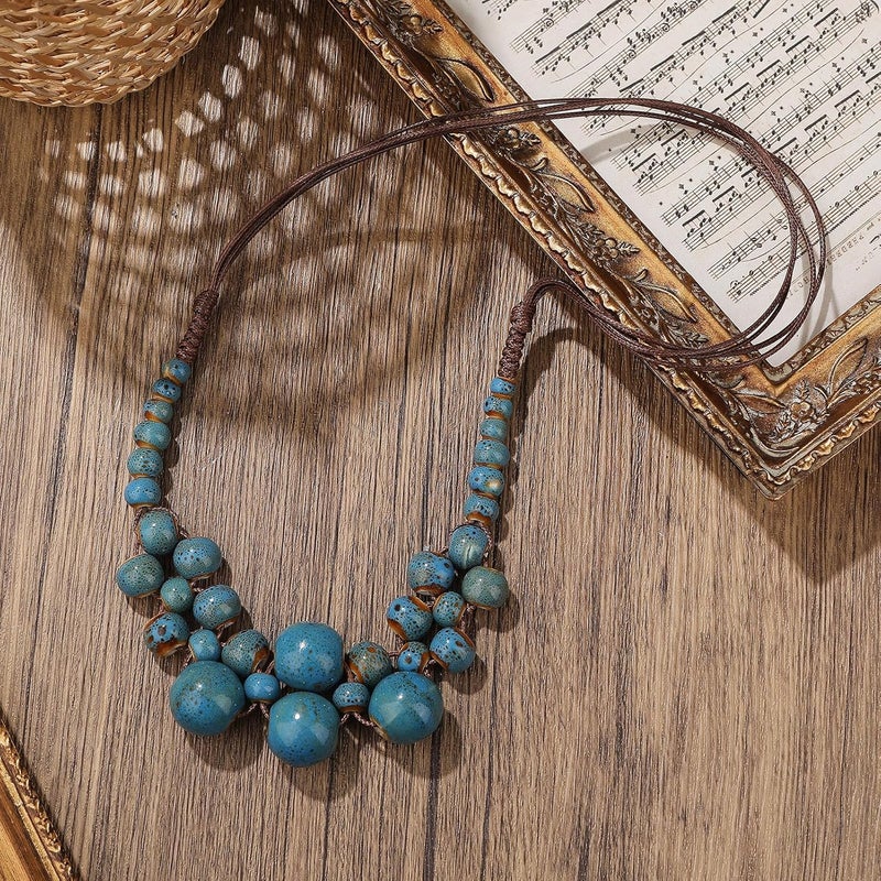 DS Boho Beaded Necklace for Women–Colorful Ceramic & African Tribal Beads, Adjustable Long Chunky Bohemian Jewelry with Gift Box Packaging,Hippie Witchy Vintage Handmade Fashion Statement Necklace - Image 2